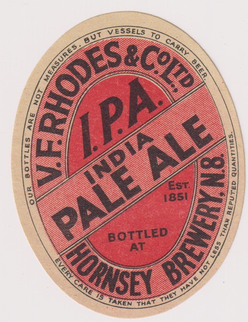 Beer label, V F Rhodes & CO Ltd, Hornsea, India Pale Ale, vertical oval, (83mm high) (vg)