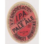 Beer label, V F Rhodes & CO Ltd, Hornsea, India Pale Ale, vertical oval, (83mm high) (vg)
