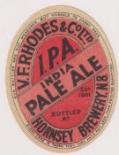 Beer label, V F Rhodes & CO Ltd, Hornsea, India Pale Ale, vertical oval, (83mm high) (vg)