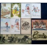 Postcards, a subject mix of 11 cards inc. illustrated family group by Steinlen 1912, illustrated