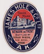 Beer label, James Hole & Co, Newark, vertical oval A.K. Bottled by Dinah White Ram Hotel Neward, (