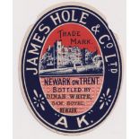 Beer label, James Hole & Co, Newark, vertical oval A.K. Bottled by Dinah White Ram Hotel Neward, (