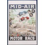 Postcard, Advertising, Mid-Air Motor Race advert, scarce tinted card, signed to back in pencil by