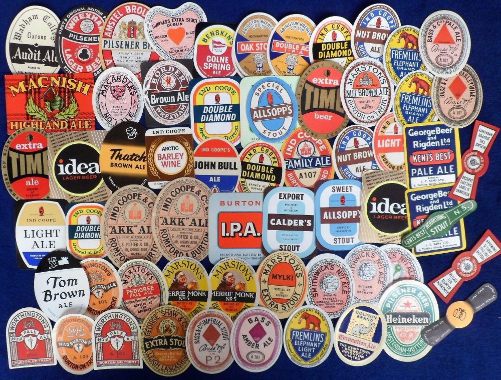 Beer labels, a mixed selection of 57 labels, and 4 stoppers, various shapes and sizes with slight