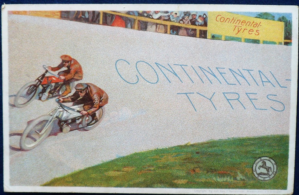 Postcard, Advertising, artist drawn Motor Cycle Racing advert for Continental Tyres, scarce (gd) (