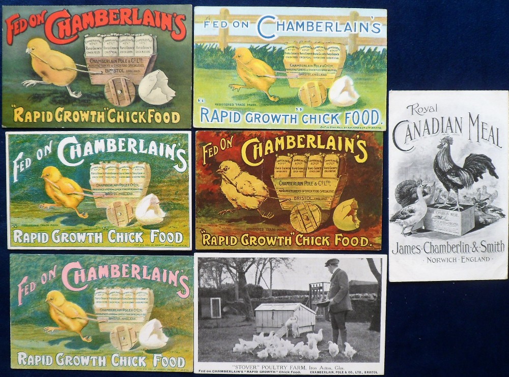 Postcards, Advertising, Bird & Poultry Feed, a collection of 7 Poultry feed advertising cards,