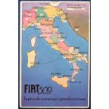 Postcard, Advertising, Motoring, Italian novelty pull-out advert card for Fiat 509 with map of Italy