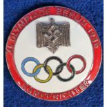 Olympic Games, Berlin 1936, enamelled circular Judge's badge with Olympic Rings, Eagle & Swastika