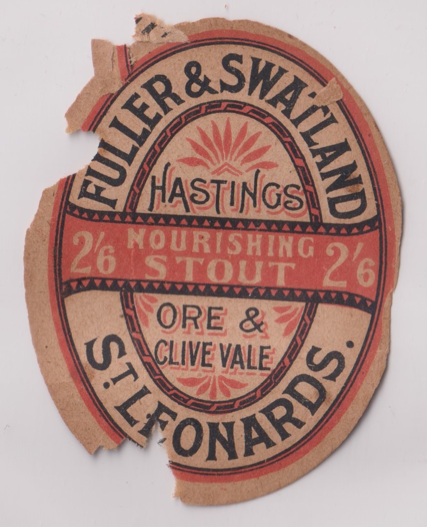 Beer label, Fuller & Swatland, St Leonards, Nourishing Stout 2/6, vertical oval 85mm high, (damaged,