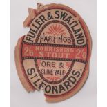 Beer label, Fuller & Swatland, St Leonards, Nourishing Stout 2/6, vertical oval 85mm high, (damaged,
