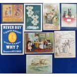 Trade cards, Singer Sewing Machines, 8 non insert items inc. Belgian Calendar card for 1883,