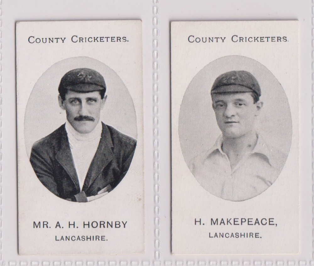 Cigarette cards, Taddy, County Cricketers, Lancashire, two cards, Mr. A.H. Hornby & H. Makepeace (