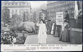 Postcard, Suffragette, a printed card of Miss C Pankhurst at Trafalgar Square inviting the