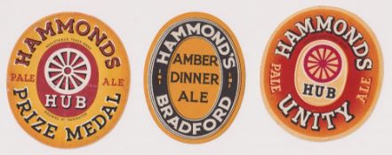 Beer labels, Hammond's, Bradford, 3 oval labels, Amber Dinner Ale (sl crease across top), Prize