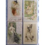 Postcards, a collection of approx. 330 glamour cards in modern album, both Art Deco and Nouveau.