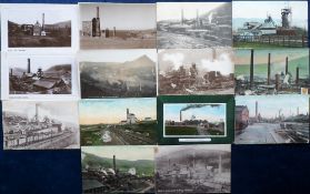 Postcards, Mining, a mainly printed selection of 14 cards of collieries at Liskeard, Abercarn,