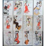 Postcards, Art Nouveau, a selection of 12 Art Nouveau cards of fashionable pretty girls