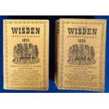 Cricket, 2 x John Wisden's Cricketers' Almanacs. 1938 and 1939 linen backed, both age toned with