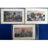 Postcards, a selection of 3 woven silks in the Flames series inc. St Quentin 1917, Arras 1915,