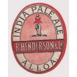 Beer label, R Henderson & Co, Alloa, India Pale Ale, an early vertical oval label, 89mm high (