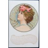 Postcard, Art Nouveau, Kosa, glamour card, beautiful girl’s head in circle, ub, pu 1908 (neat wtf,