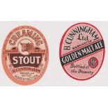 Beer labels, B Cunningham Ltd, Warrington, 2 vertical ovals, Creaming Stout (sl marks to back