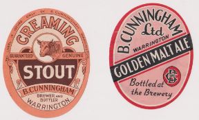 Beer labels, B Cunningham Ltd, Warrington, 2 vertical ovals, Creaming Stout (sl marks to back