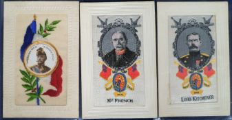 Postcards, a selection of 3 silks with 2 woven of Marshall French and Lord Kitchener, both published