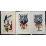 Postcards, a selection of 3 silks with 2 woven of Marshall French and Lord Kitchener, both published