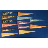 Trade Felts, USA, Anon, Warships, 13 different triangular shaped pennants featuring Warships of