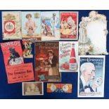 Trade advertising, a selection of 13 items including large die-cut Liebig Menu Card, Vimbos