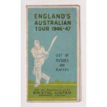 Trade issue, Bristol Utd Breweries, Cricket Fixture Card for England's Australian Tour 1946/47 (some