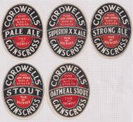 Beer labels, 13 labels, Cordwell & Sons, Cainscross (5), Cox & Bowring (Derby) Ltd (4) & Crown