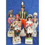 Military Decanters, 5 china whisky and sherry decanters circa 1970s featuring soldiers in uniform