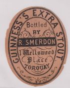 Beer label, Guinness's Extra Stout, bottled by R Smerdon, Torquay, a rare c1896 vertical oval, 88 mm