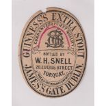 Beer label, Guinness's Extra Stout, bottled by W H Snell, Torquay, a rare c1896 vertical oval (