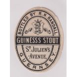 Beer label, Guinness Stout, a rare c1896 vertical oval label bottled by R H Randall, Guernsey,
