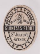 Beer label, Guinness Stout, a rare c1896 vertical oval label bottled by R H Randall, Guernsey,