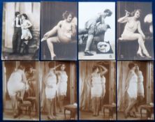 Postcards, Glamour, 8 original French cards, nudes and lingerie by P.C., Wyndham, Paris etc. (mostly