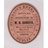 Beer label, Guinness's Extra Stout, a rare c1896 vertical oval bottled by W H Sawdye, Beacon Hill,