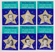 Trade cards, Odeon Theatre, Film Stars, 12 different cards, back 'Wish Upon a Star' 6 cards, Angie