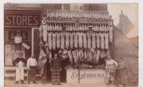 Postcard, Bedfordshire, RP showing Eastman’s Butcher shop front, wonderful image, pu in town