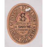 Beer label, Guinness's Extra Stout, a rare c1896 label bottled by H Swayne, Torquay, 88mm high (some