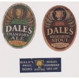 Beer labels, Dale's, Cambridge, 2 extremely scarce large vertical oval labels , 111mm high, together