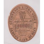 Beer label, Guinness's Extra Stout, bottled by Gilles Feuillerat, Guernsey, rare c1896 vertical