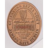 Beer label, Guinness's, Extra Stout, vertical oval label, c1896, bottled by Henry Day, Torquay,