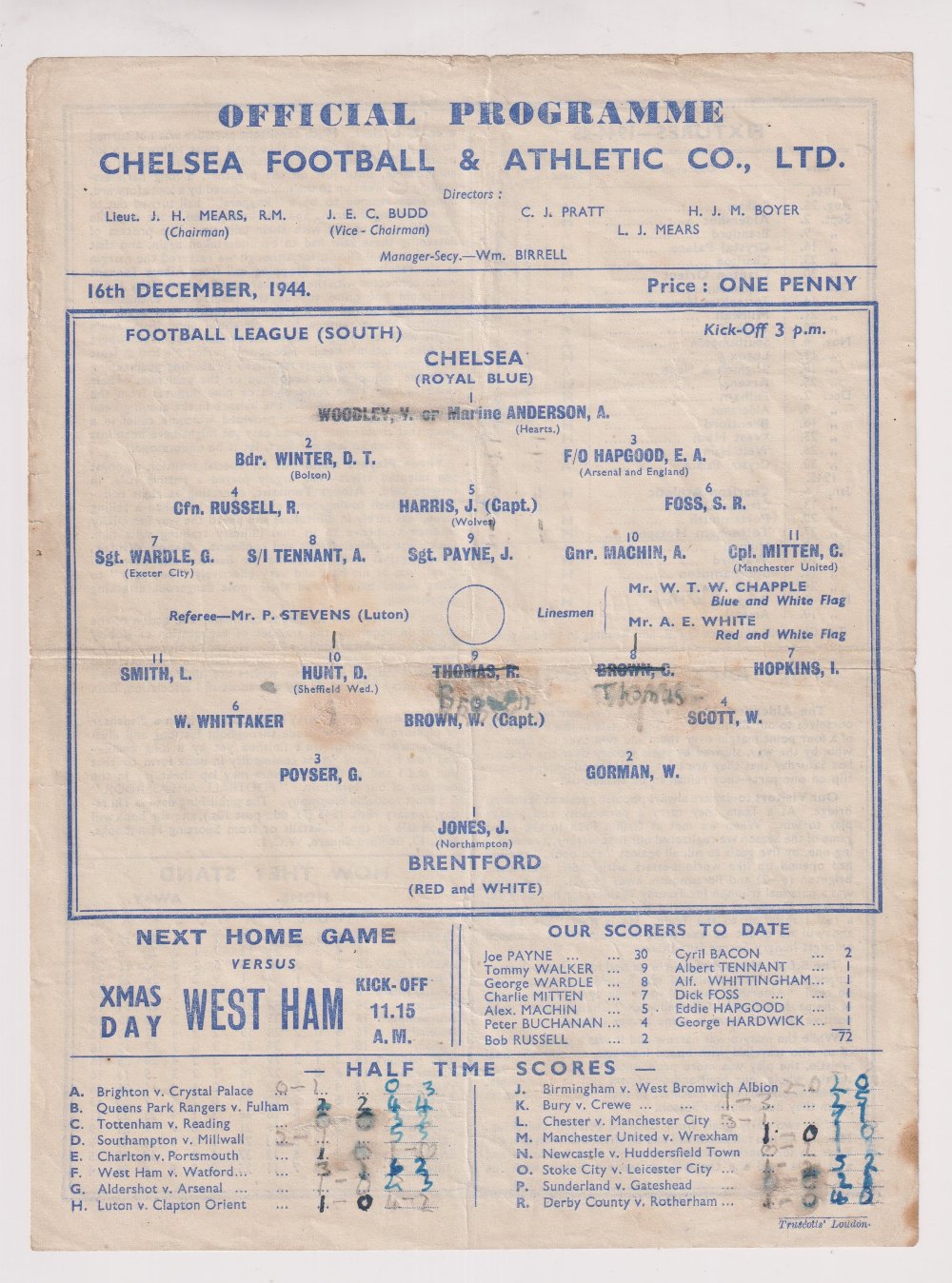 Football programme, Chelsea v Brentford, 16 December 1944, FL (South), single sheet (tc & half