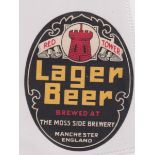 Beer label, The Moss Side Brewery, Manchester, Red Tower Lager Beer, vertical oval 91mm x 72mm (gd/