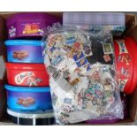 Stamps, GB and world kiloware, off paper, housed in 10 biscuit tins and 2 plastic containers. A
