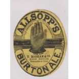 Beer label, Allsop's Burton Ale, bottled by T Rodham & Co, Newcastle on Tyne, vertical oval, 75mm